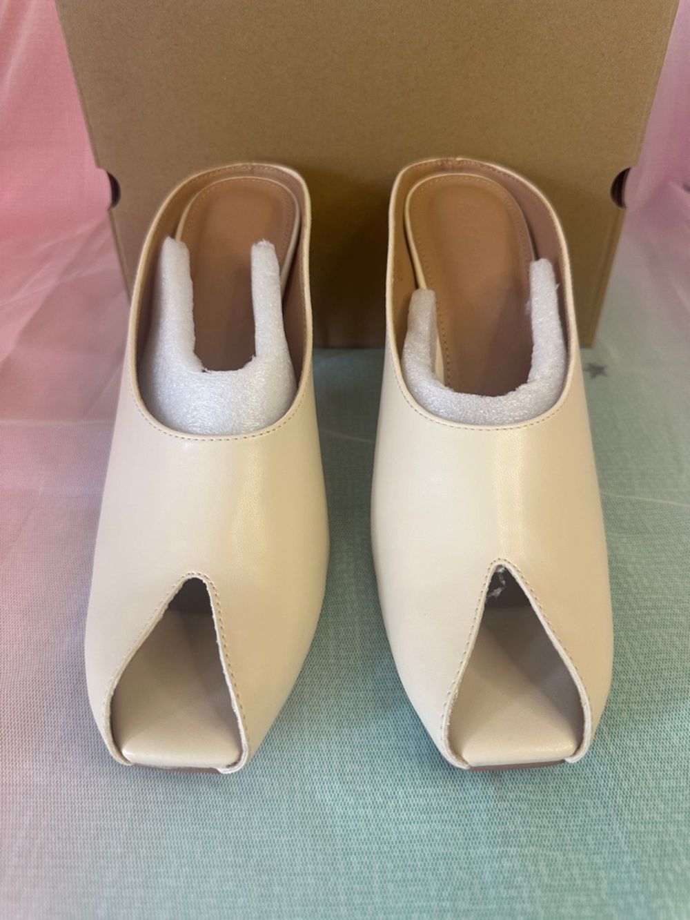 Minimalist Cream Peep-Toe Slide Mules